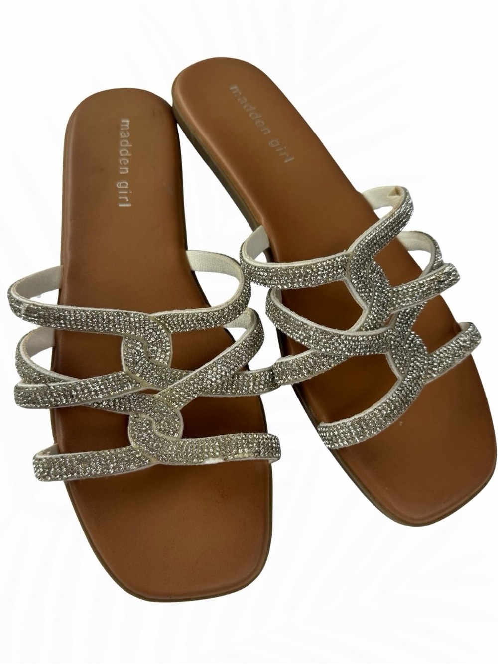 Madden Girl Silver Rhinestone Crystal Multi-Strap Slide Sandals Size 7